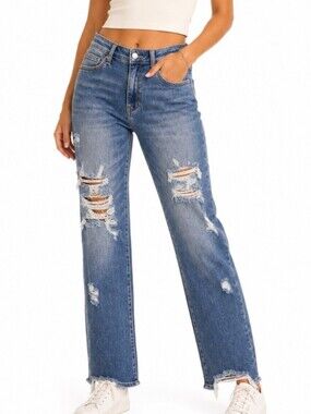 Blue Moment Distressed Straight Leg Jeans Size 7 High Rise Stretch Denim Grunge